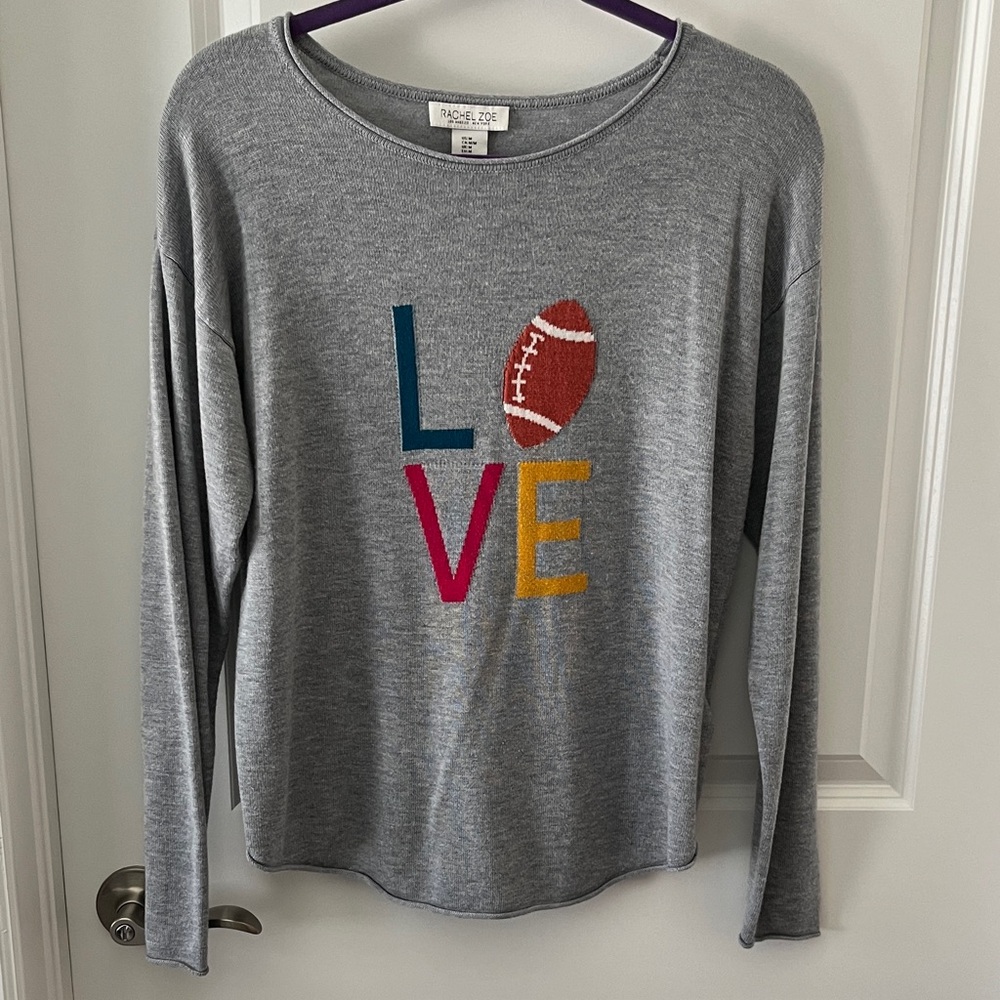 Rachel Zoe LOVE Football Heather Gray Knit Sweater Touch of Cashmere NWOT